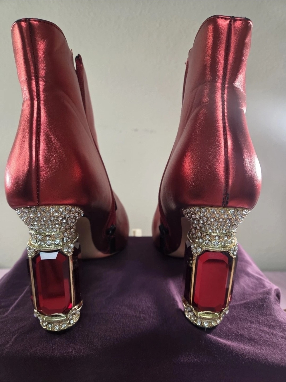 Metallic Red Jewel-Embellished Ankle Booties - Picture 3 of 6